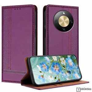 Honor Magic8 Lite, X9d 5G, X70 5G, Telefontok, Notesz, Asztali tartó, Oldalra nyíló, Rejtett mágneses záródás, Bankkártyatartó, PU bőr, Szilikon belső, Varrás minta, Lila kép