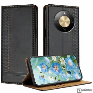 Honor Magic8 Lite, X9d 5G, X70 5G, Telefontok, Notesz, Asztali tartó, Oldalra nyíló, Rejtett mágneses záródás, Bankkártyatartó, PU bőr, Szilikon belső, Varrás minta, Fekete kép