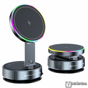 MagSafe autós telefontartó, Műszerfalra rögzíthető, Tapadókorong, Összecsukható, Forgatható, Mágneses, 15W QI wireless vezetéknélküli töltés, Fekete kép