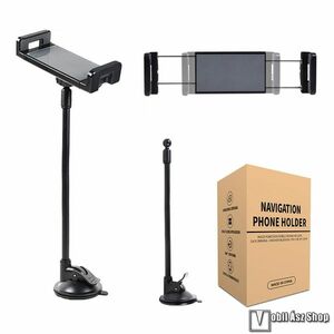 Autós tablet, telefon tartó, Tapadókorongos, hosszú 30cm-es flexibilis karral, 360°-ban forgatható, 120-240mm-ig állítható bölcsővel, Fekete kép