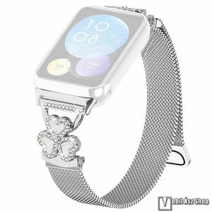 Xiaomi Smart Band 9 Pro, 8 Pro, Okosóra milánói szíj, Rozsdamentes acél, Légáteresztő, Mágneses, Strasszkő, Lóhere minta, 175mm hosszú, Ezüst kép