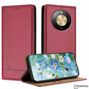 Honor Magic8 Lite, X9d 5G, X70 5G, Telefontok, Notesz, Asztali tartó, Oldalra nyíló, Rejtett mágneses záródás, Bankkártyatartó, PU bőr, Szilikon belső, Varrás minta, Piros kép