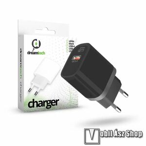 Dreamtech Charger hálózati töltő, 1 x USB-C és 1 x USB-A aljzattal, 20W, PD gyorstöltés támogatás, Kábel nélkül, Fekete kép