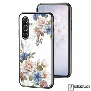 Samsung Galaxy A56 5G, Glass Case telefontok, Szilikon keret, Edzett üveg hátlap, Fehér, Virág minta kép