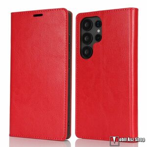 Samsung Galaxy S25 Ultra, Telefontok, Notesz, Asztali tartó, Oldalra nyíló, Mágneses záródás, Bankkártyatartó, Hasított bőr, TPU, Piros kép