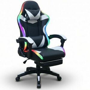 GOBOLED Gamer szék lábtartóval LED világítással - fekete-fehér kép
