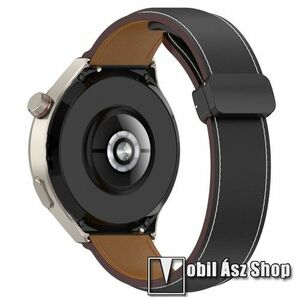 Okosóra szíj - FEKETE - valódi bőr, D-gyűrűs, 83+125mm hosszú, 20mm széles - SAMSUNG Watch4 40mm / 42mm / 44mm / 46mm / Watch5 40mm / 44mm/ Pro / Watch6 Classic 47mm / 43mm / Watch6 40mm / 44mm / Active2 40mm / 44mm / Amazfit GTS 4 kép