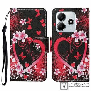 Xiaomi Redmi Note 14 5G, Telefontok, Mágneses záródás, Asztali tartó, Bankkártyatartó, Csuklópánt, Szilikon belső, PU bőr, Szív és virág minta kép