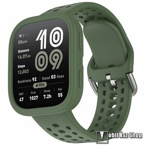 Xiaomi Amazfit Bip 6, Okosóra szíj, Szilikon, Légáteresztő, Állítható méret, Csat + Okosóra szilikontok, Keret, Bumper, Sötétzöld kép