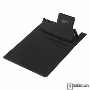 Összecsukható egérpad Qi 15W vezeték nélküli telefontöltővel és tolltartóval, PU bőr, 320×225x3, 9mm, Fekete kép