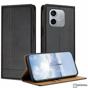 Honor 600 Lite, Telefontok, Notesz, Asztali tartó, Oldalra nyíló, Rejtett mágneses záródás, Bankkártyatartó, PU bőr, Szilikon belső, Varrás minta, Fekete kép