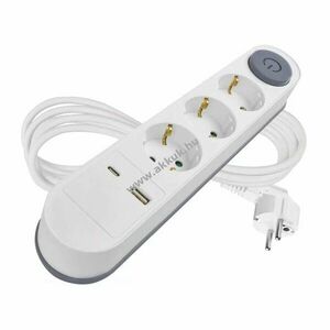 Hosszabbító 2m, 3 aljzat, kapcsolós, 1db USB-A + 1db USB-C, fehér kép
