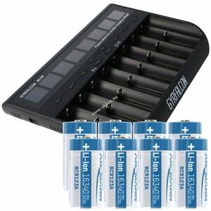 Helyettesítő akku CR123A 3, 7V 850mAh 8db/csomag + 8 csatornás LCD gyorstöltő Li-Ion kép