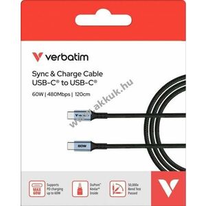 Verbatim USB-C/USB-C töltőkábel 1.2m 60W 480MBit/s Sync&Charge fekete kiskereskedelmi csomagolás kép