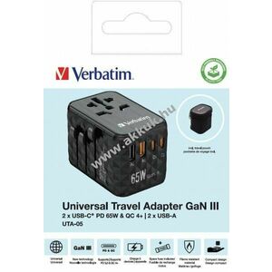 Verbatim univerzális utazó töltő GaN III 65W 2x USB-C PD 1x USB-A QC kép