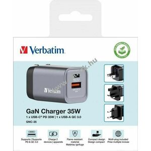 Verbatim univerzális GaN töltőadapter 35W 1x USB-A QC 1x USB-C PD szürke kép