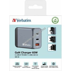 Verbatim univerzális GaN töltőadapter 65W 1x USB-A QC 2x USB-C PD kép
