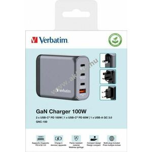Verbatim univerzális GaN töltőadapter 100W 1x USB-A QC 3x USB-C PD kép