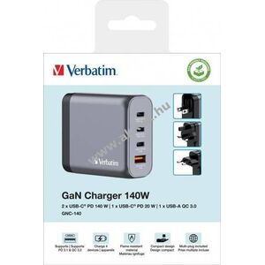 Verbatim univerzális GaN töltőadapter 140W 1x USB-A QC 3x USB-C PD szürke kép