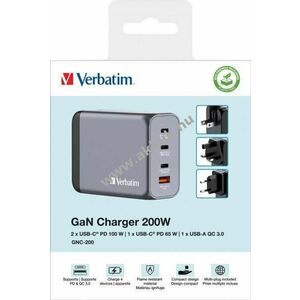 Verbatim GNC-200 univerzális GaN töltő, 200 W, 1db USB-A QC, 3db USB-C PD, szürke, dobozos kép