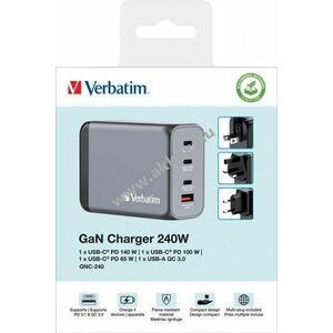 Verbatim GNC-240 univerzális GaN töltő, 240 W, 1db USB-A QC, 3db USB-C PD, szürke, dobozos kép