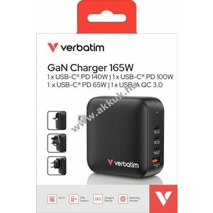 Verbatim Mini-GaN töltő 165W EU/US/UK csatlakozó 1xUSB-A QC 4xUSB-C PD 100-250V kiskereskedelmi kép