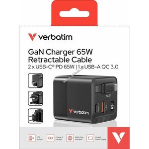Verbatim 65W GaN töltő visszahúzható kábellel 1x USB-A QC 2x USB-C PD fekete kép