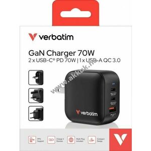 Verbatim Mini GaN töltőadapter 70W fekete 1x USB-A QC 2x USB-C PD kép