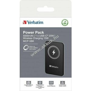 Verbatim Akku Powerbank MCP-5BK 5000mAh Magnetic Wireless USB-C QC-PD 3.0 fekete Li-Polymer kép