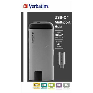 Verbatim USB-C multiport hub 3x USB 3.0 HDMI 4K RJ45 Gigabit SD/microSD 15cm kép