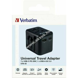 Verbatim univerzális utazó töltőadapter 100-250V USB Typ-A QC USB Typ-C PD kép