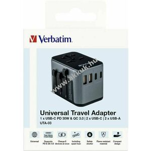 Verbatim univerzális utazó töltőadapter 100-250V 2x USB-A 3x USB-C PD/QC kép