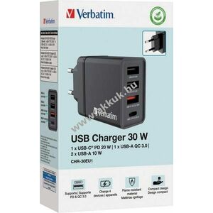 Verbatim 30W GaN töltő 2x USB-A 1x USB-A QC 1x USB-C PD fekete kép