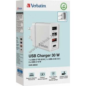 Verbatim töltőadapter 30W GaN 2x USB-A 1x USB-A QC 1x USB-C PD fehér kép