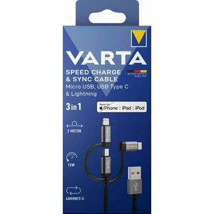 Varta 3in1 USB-A/Micro USB/USB-C/Lightning kábel 2, 0m 12W 480Mbit/s fekete csomag kép
