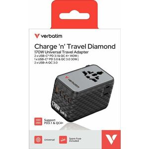 Verbatim GaN III töltőadapter 170W 1x USB-A QC 3x USB-C PD kép