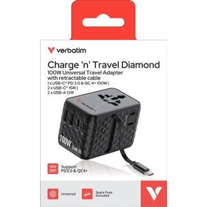 Verbatim Charge n Travel 100W GaN III univerzális utazó adapter USB-C kábellel kép