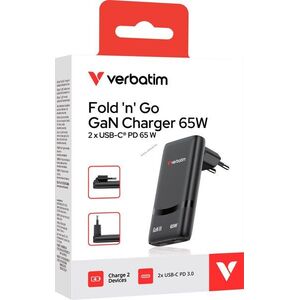 Verbatim Fold n' Go GaN 65W töltő 2x USB-C PD PPS összecsukható EU-dugó fekete kép