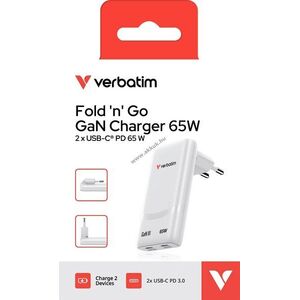 Verbatim Fold 'n' Go GaN töltő 65W 2x USB-C PD PPS fehér kép
