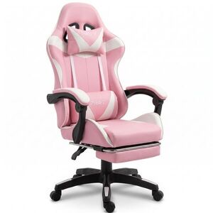 GOBORELAX Gamer szék lábtartóval, masszázsfunkció - fehér-rózsaszín kép