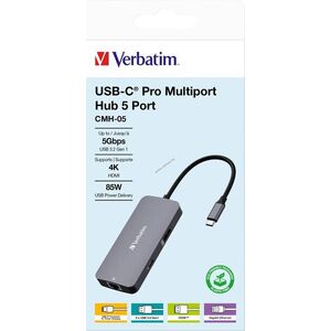 Verbatim CMH-05 USB-C Multiport Hub 2x USB-A 3.2 Gen1 USB-C HDMI 4K RJ45 PD 85W kép