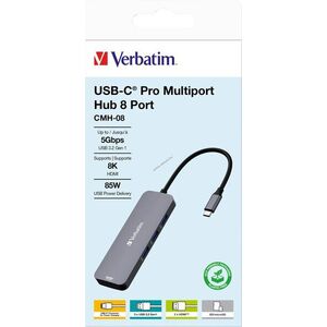 Verbatim USB-C Pro Multiport Hub CMH-08 8port 2xHDMI 8K/4K 3xUSB-A USB-C PD100W SD microSD 15cm kép