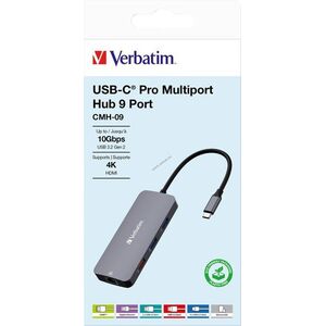 Verbatim USB-C Pro Multiport Hub CMH-09 9 port HDMI 4K RJ45 SD microSD USB-C kábel 15cm kép