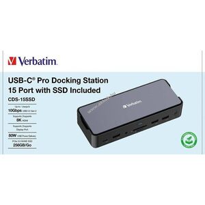 Verbatim USB-C Pro dokkoló CDS-15SSD 15 port 256GB SSD 2xHDMI 8K DP RJ45 SD/microSD kép