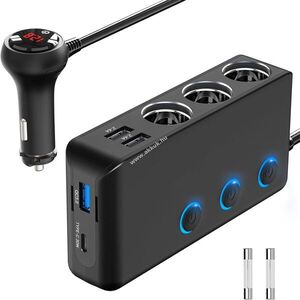 Szivargyújtó elosztó, 3 aljzat + 4 USB, Power Delivery kép