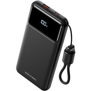 Vention 10000mAh Power Bank (USB-C + USB-A) with Built-in Cable 22, 5W Black LED Display Type kép