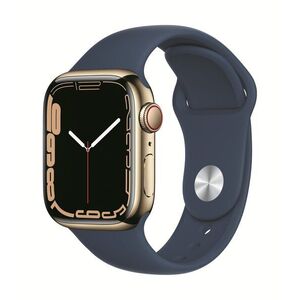 Apple Watch Series 7 41 mm Cellular Aranyszínű rozsdamentes acél mély indigókék sportszíjjal kép
