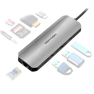 Vention 9in1 USB-C to HDMI, 3xUSB 3.0, RJ45, SD, TF, 3.5mm, PD100W, 0.15 m, Alloy Type, szürke kép
