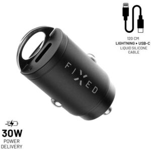 FIXED PD Rapid Charge Car Mini 2xUSB-C kimenet, USB-C/Lightning kábel, 1, 2 m, PD 30W, fekete kép