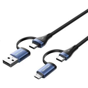 Vention 4in1 Cotton Braided USB 2.0 A Male, USB-C Male to USB-C Male, MicroB Male 5 A, Alu., 1 m, kék kép